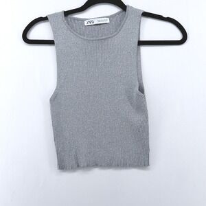 Zara Silver Metallic Ribbed Knit Tank Top Sleeveless Crew Neck Shimmer Medium